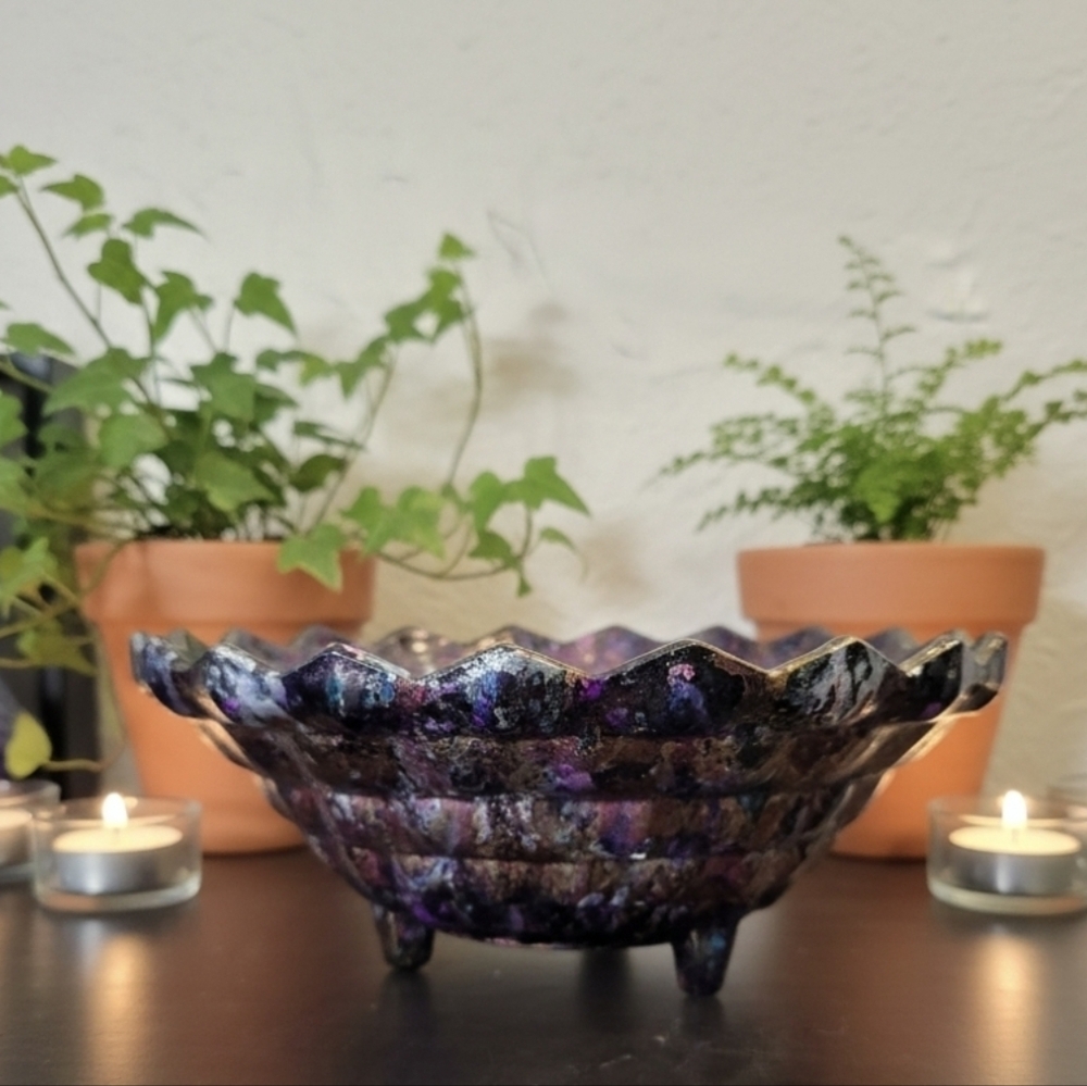 HANDCRAFTED Upcycled Glass Abstract Dish HANDPAINTED Tabletop Art Decor Bowl